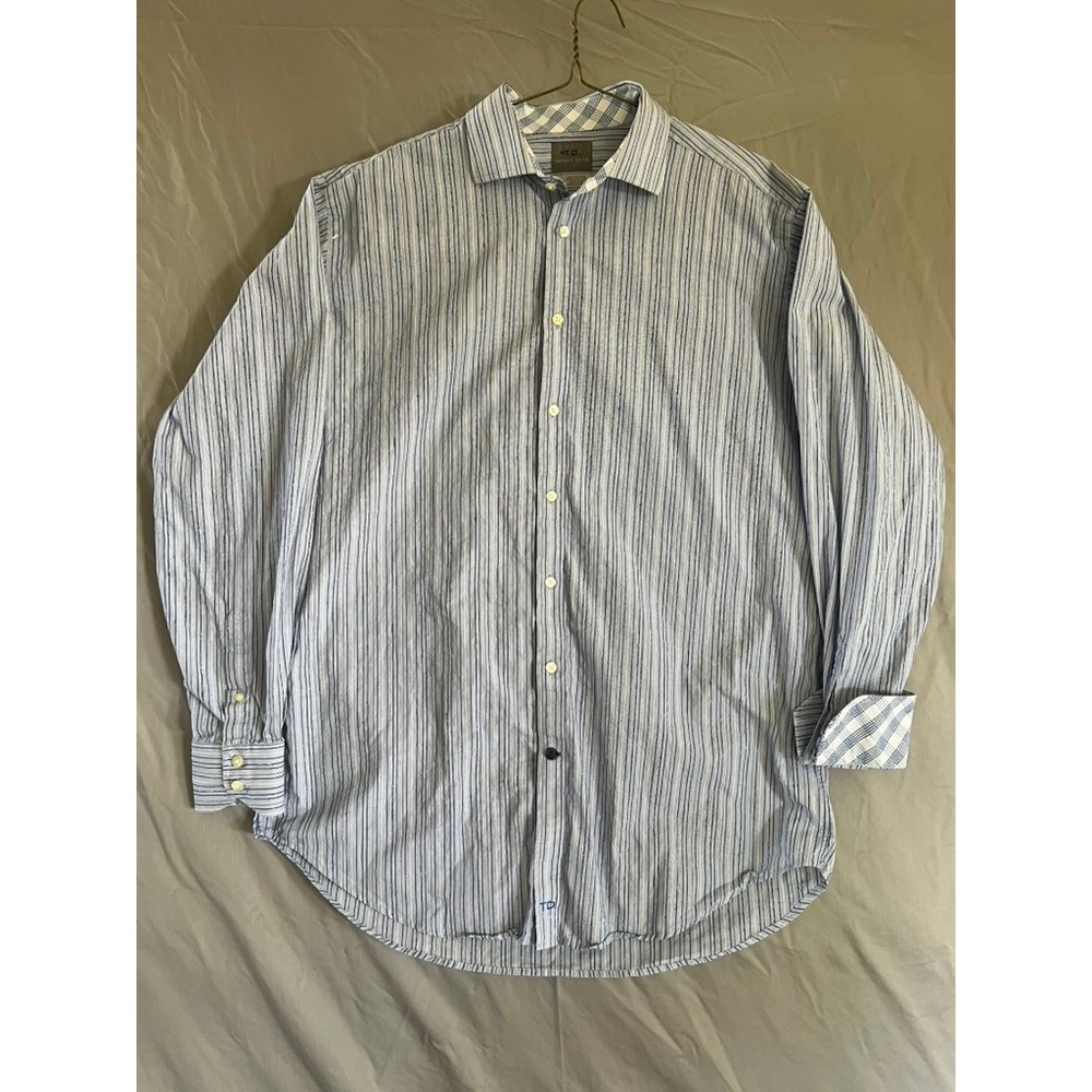 Thomas Dean Mens 17XL Blue Striped Long Sleeve Button‎ Down Dress Shirt Cotton